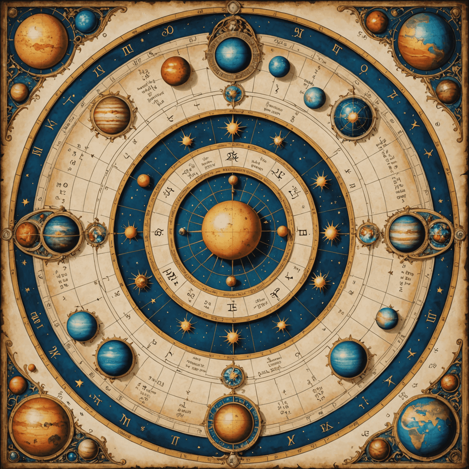 Detailní astrologický graf s planetami, domy a aspekty
